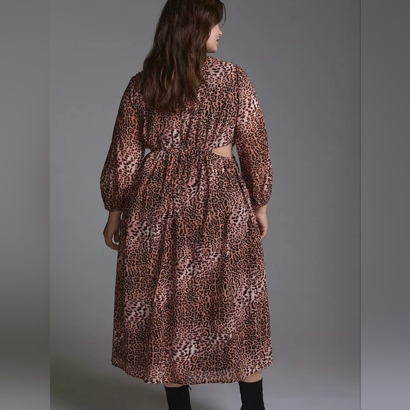 Anthropologie Ranna Gill Leopard Cut Out Midi Long Sleeve V-neck Dress Size 1X - Picture 4 of 16